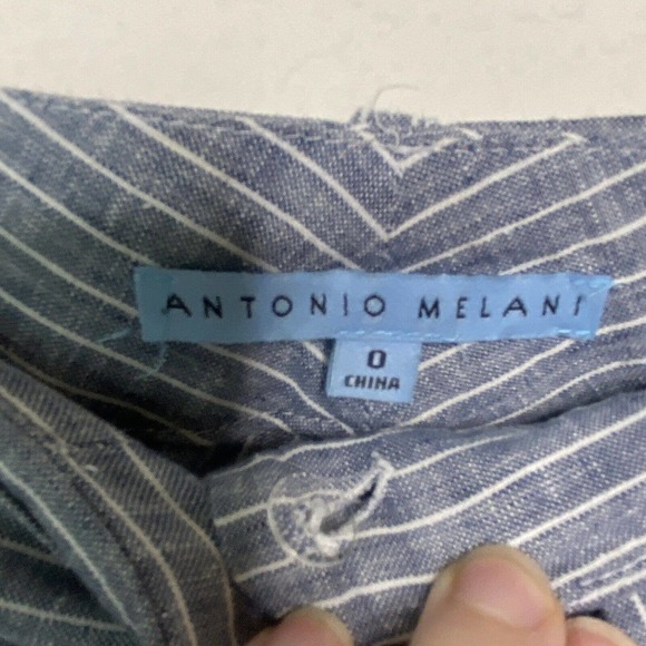 Antonio Melani Linen Cotton Blend Blue Pinstriped Belted Pants 0 - Picture 7 of 7